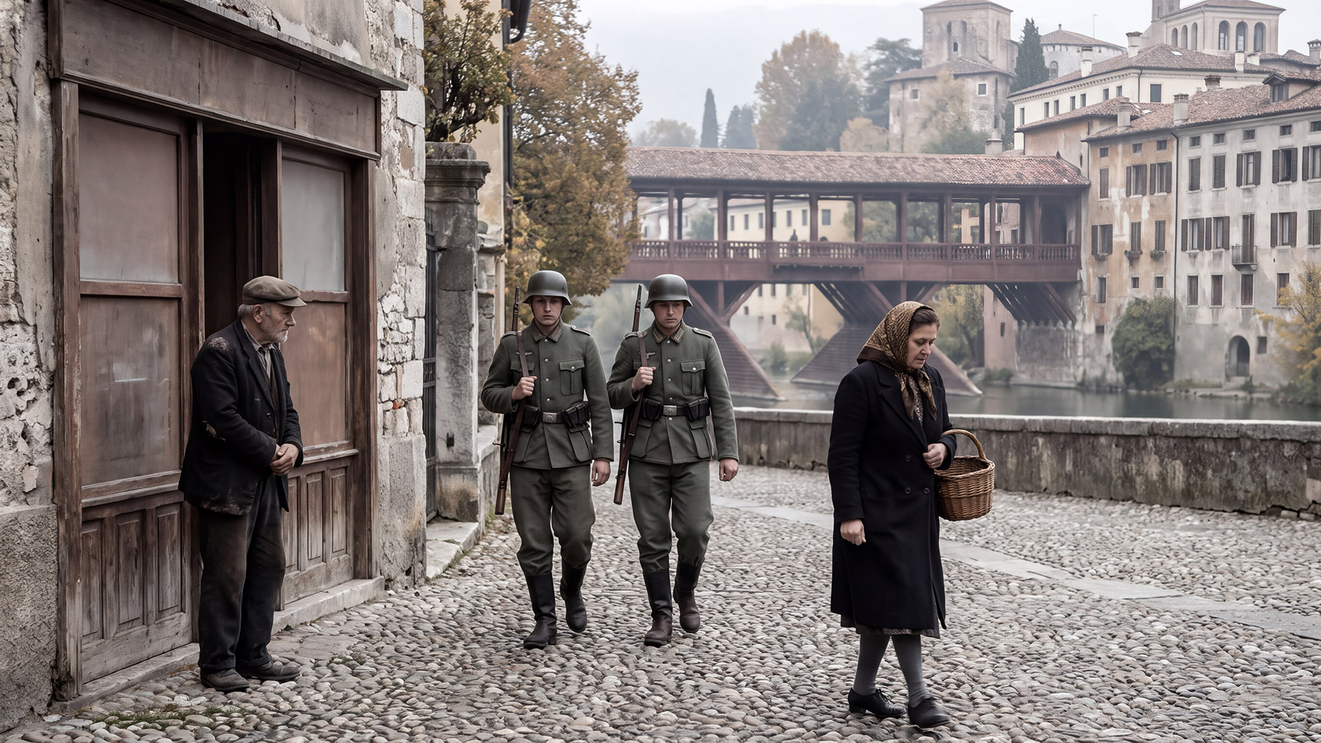 Bassano del Grappa in the Second World War - A City of Resistance 1 Historical reconstruction of German soldiers walking through Bassano del Grappa in 1943, with Italian civilians and the historic Ponte degli Alpini behind them.