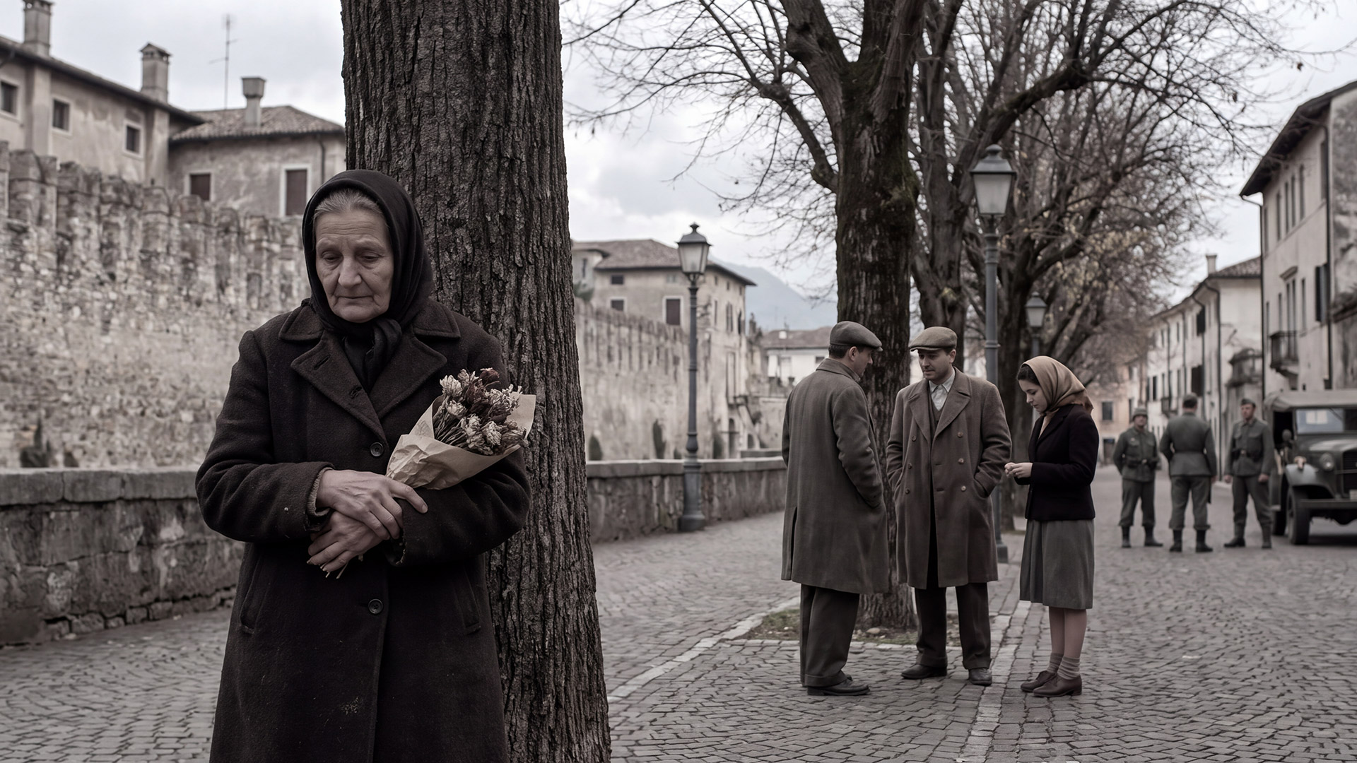 Bassano del Grappa in the Second World War - A City of Resistance 3 Historical reconstruction of grieving Italian civilians along Viale Venezia in Bassano del Grappa, commemorating the execution of 31 partisans in September 1944.