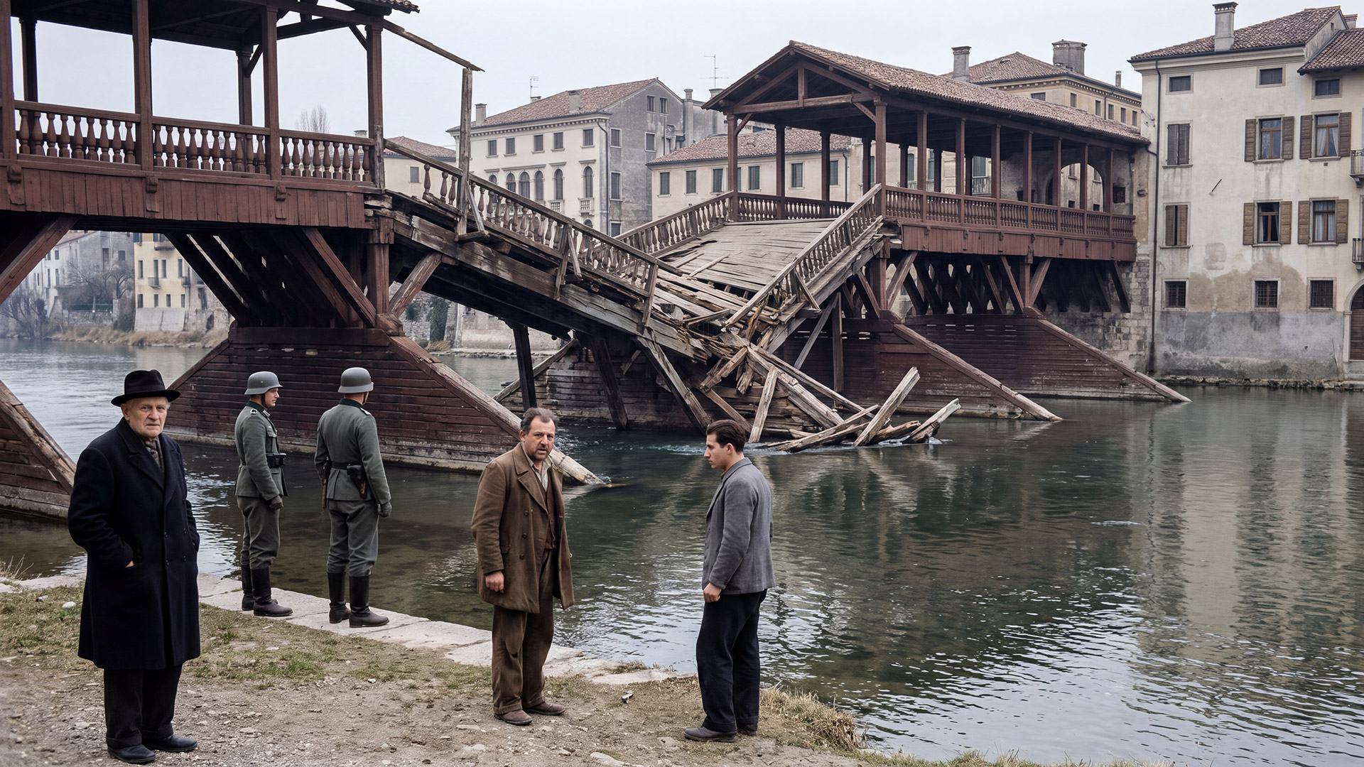 Bassano del Grappa in the Second World War - A City of Resistance 4 Historical reconstruction of the damaged Ponte degli Alpini in Bassano del Grappa in February 1945, with German soldiers and Italian civilians.