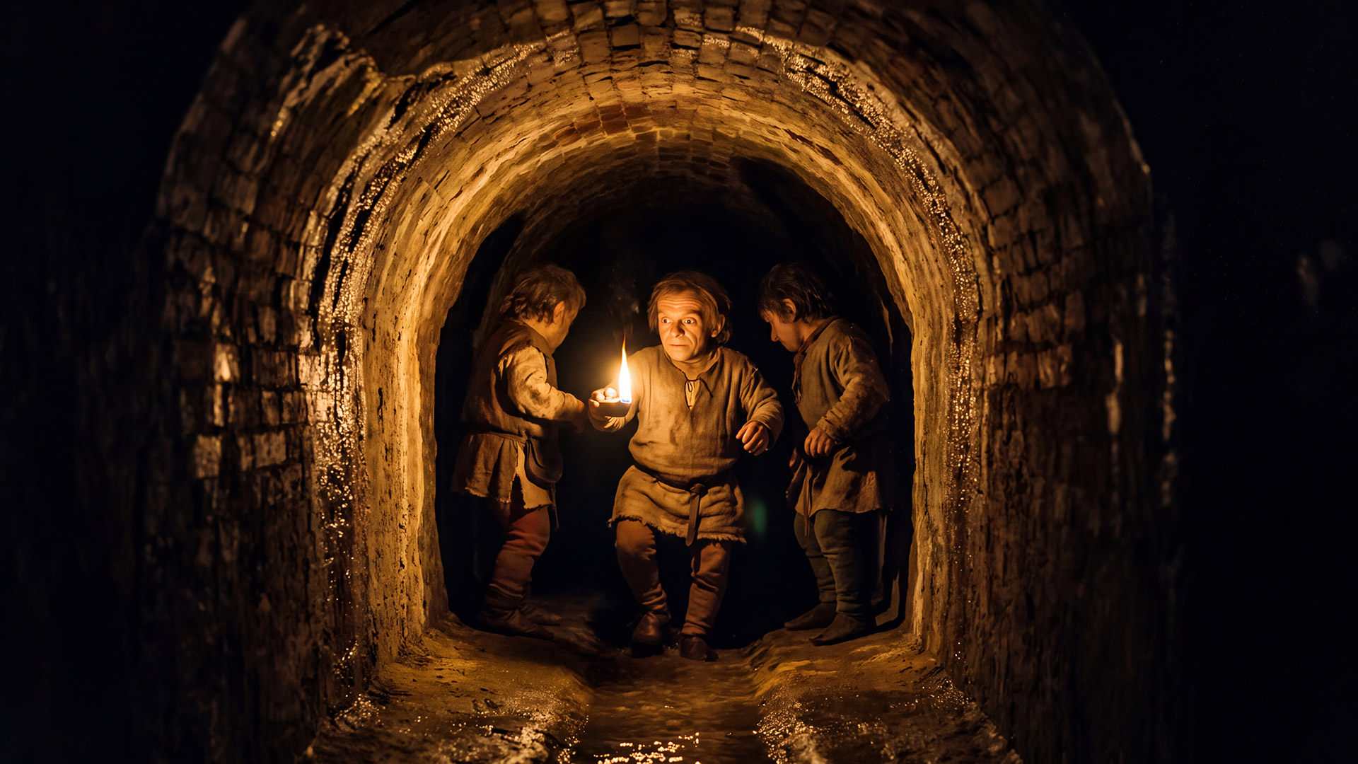 The Secret Creatures of Siena's Underground Tunnels 2 Three mysterious Omiccioli creatures gathered around an oil lamp inside the medieval underground tunnels of Bottini di Siena.