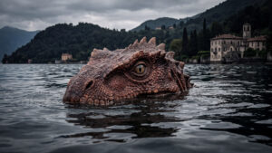 AI-generated close-up of the legendary Lariosaurus emerging from Lake Como, showing its prehistoric reptilian head, prominent crest, reddish-brown scales, and fierce eyes.