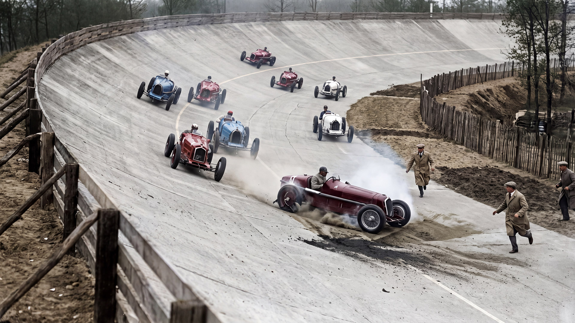 The Dark Side of Monza Circuit - Fatal Accidents and the Dangerous Years of Formula 1 2 Vintage Grand Prix cars racing on the historic banked section of Monza Circuit