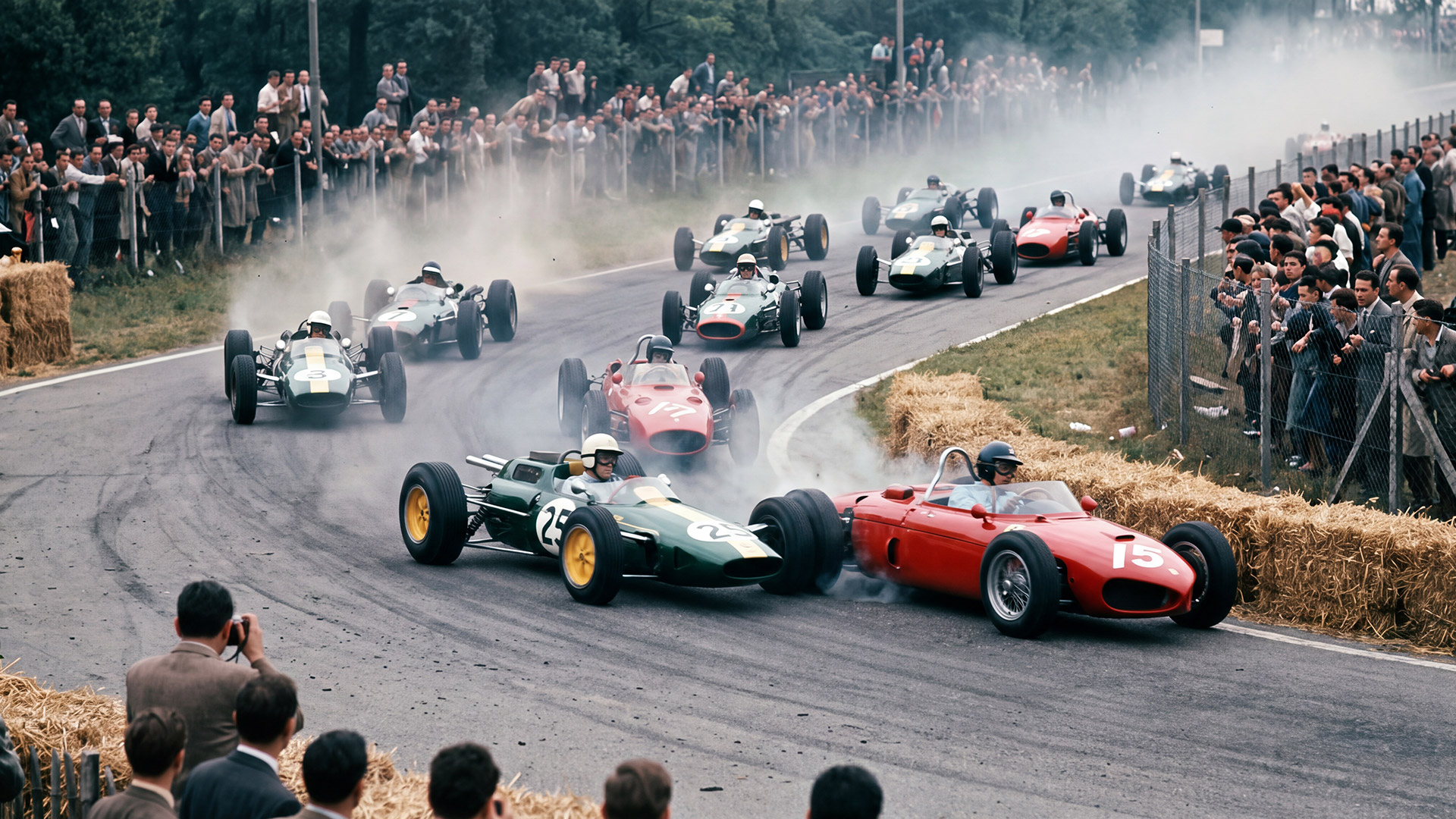 The Dark Side of Monza Circuit - Fatal Accidents and the Dangerous Years of Formula 1 3 1960s Formula racing cars competing at high speed at Monza Circuit