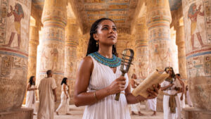 Reconstruction of Egyptian priestess Isiuret holding a sacred sistrum inside the richly decorated Temple of Amun-Ra at Karnak, ancient Thebes.