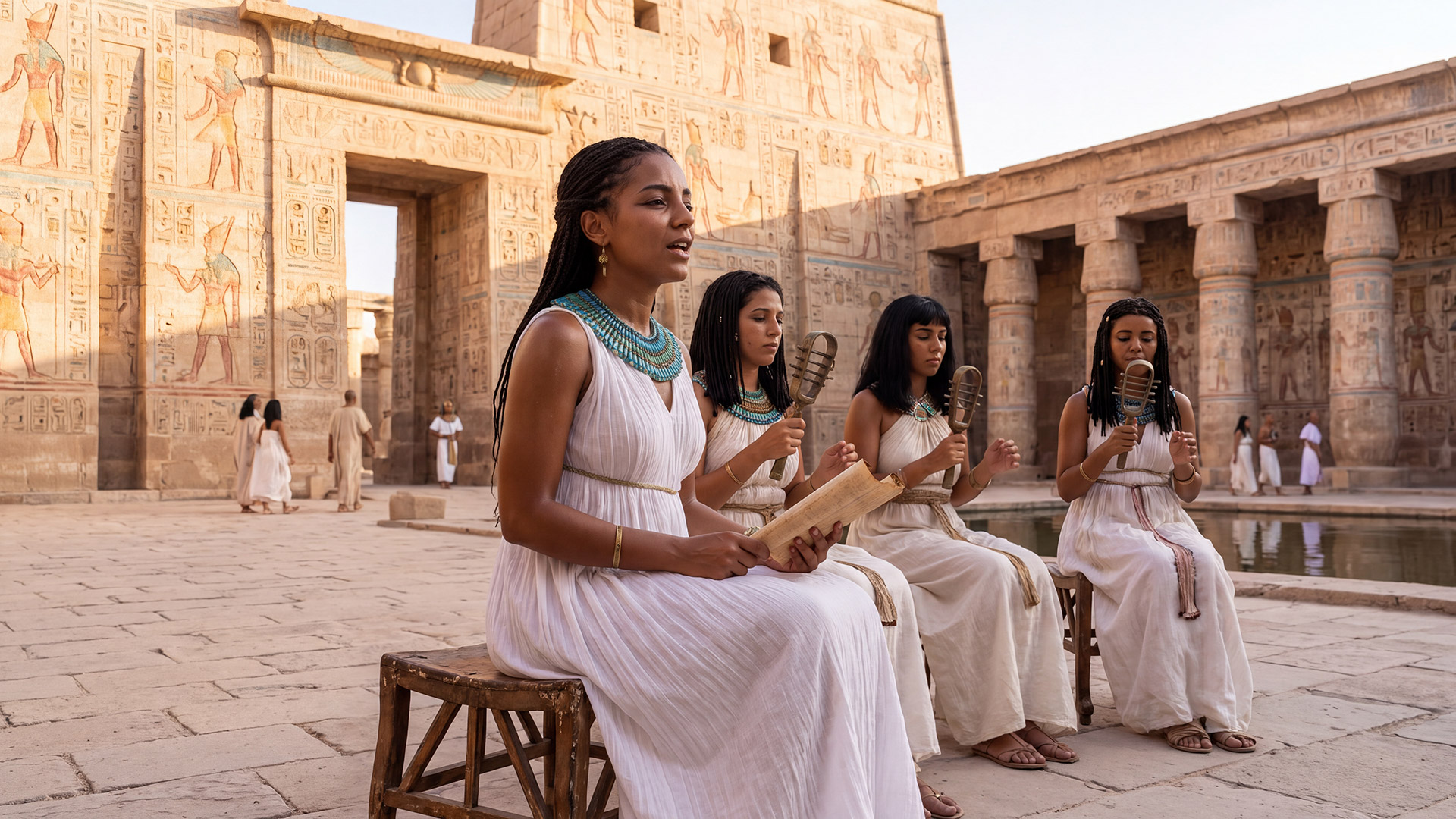 Reconstruction of priestess Isiuret singing alongside female musicians during a religious ceremony in the Temple of Mut at ancient Thebes.