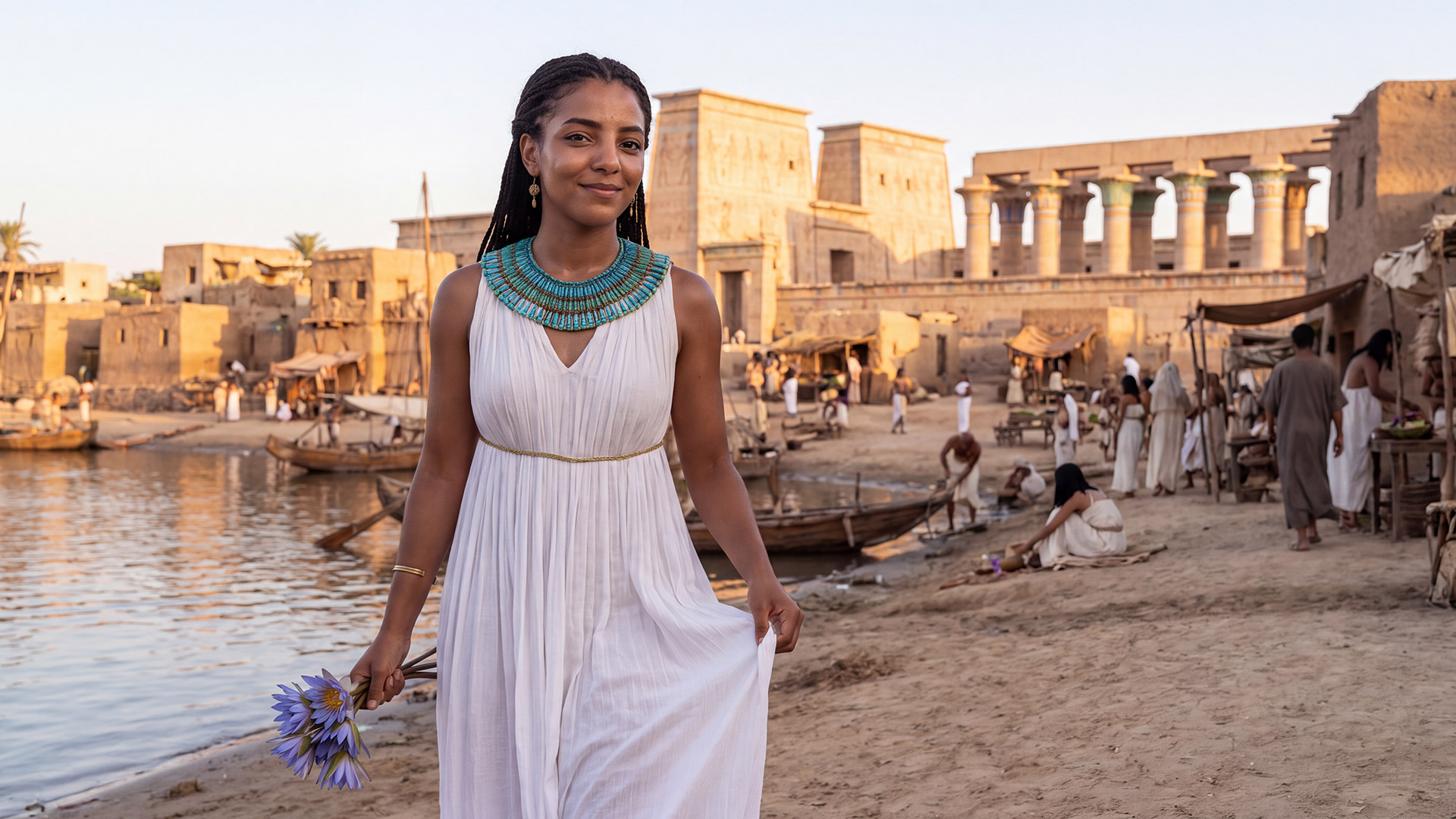 Reconstruction of the beautiful Egyptian priestess Isiuret walking along the Nile, with boats, traditional houses, and temples of ancient Thebes behind her.