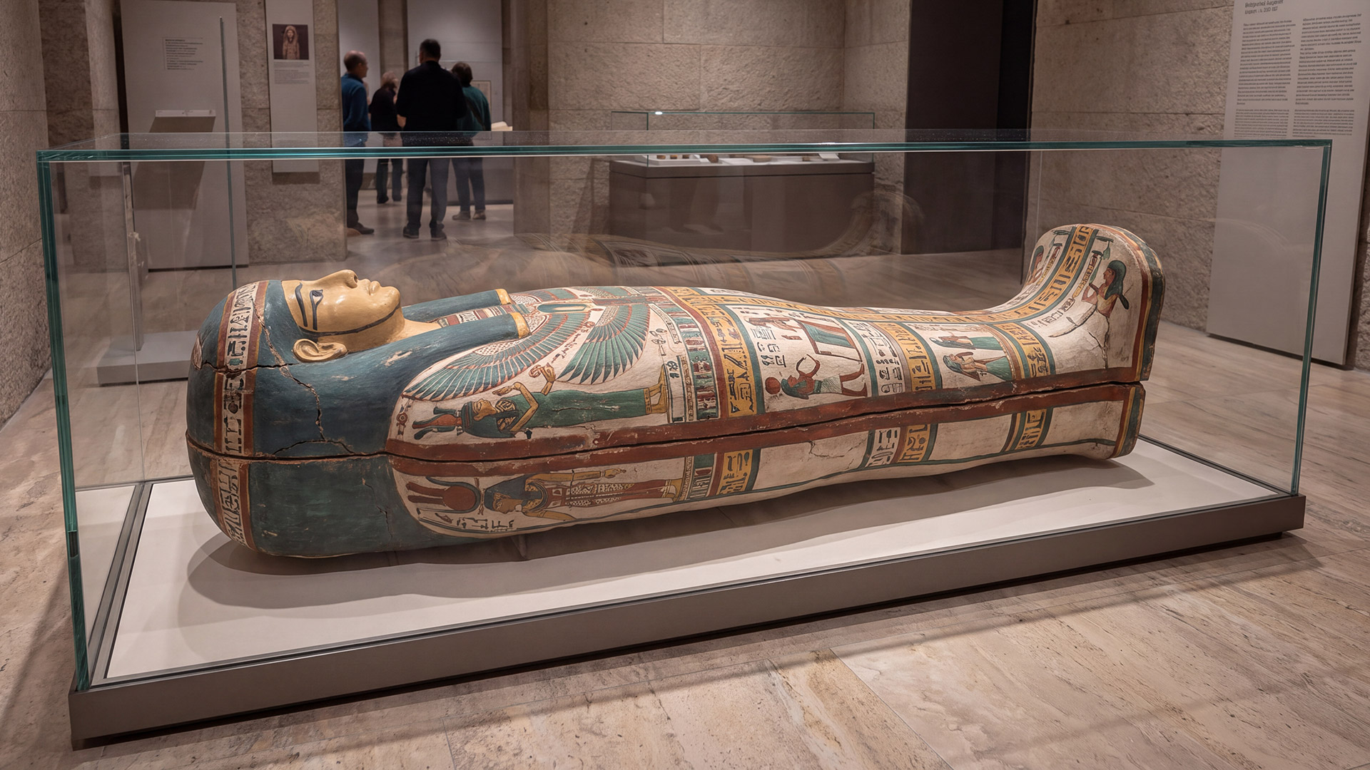 Reconstruction of the mummy of Como, showing priestess Isiuret’s painted Egyptian funerary cartonnage displayed inside a modern museum glass case.