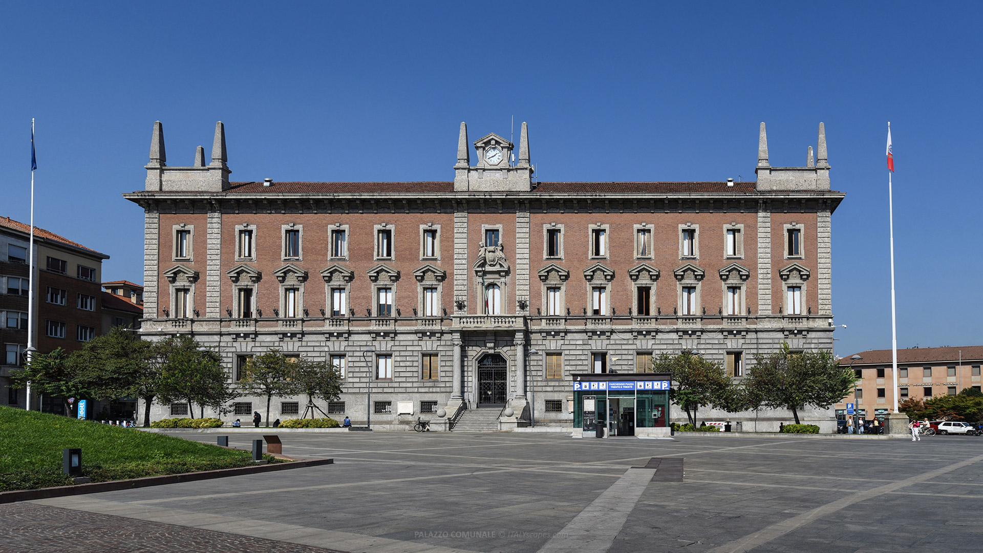 One-Day Monza Itinerary - From the Medieval Centre to the Royal Villa and Park 6 Palazzo Comunale in Monza overlooking Piazza Trento e Trieste under a clear blue sky